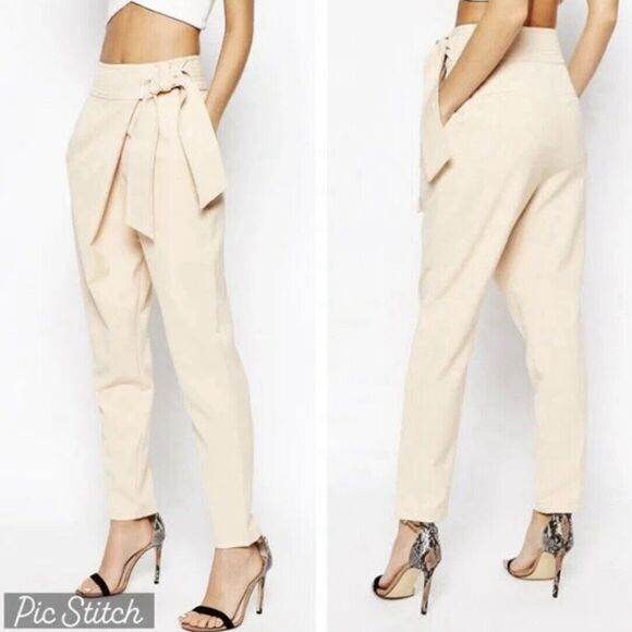 Lavish Alice Asymmetrical Tie Waist Trouser Pants Tan UK 8 US 4 - Picture 12 of 12